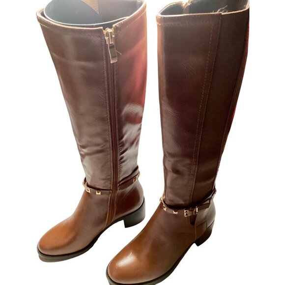 Torgies Womens 6 Cognac Brown Faux Leather Riding Boots With Gold Studded Strap - Picture 7 of 16